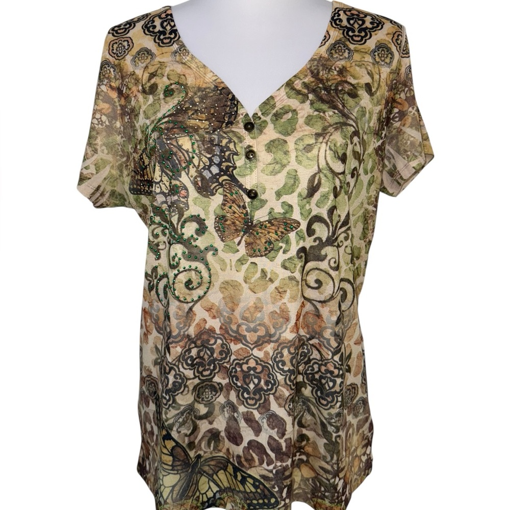 Apt 9 Womens XL Butterfly Rhinestone Top V Neck Nature Graphic Tee Boho‎ Shirt